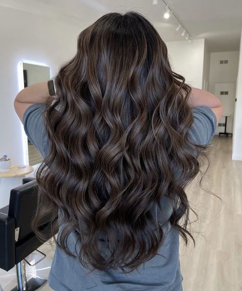 Dark Brunette Hair Transformation, Brown Hair With Chestnut Balayage, Burnett Winter Hair, Plain Brunette Hair, Dark Brown Long Hair With Highlights, Dark Brown Hair With Lowlights Balayage, Curled Dark Hair, Brown Hair Colors Brown Skin, Dark Low Lights On Brown Hair