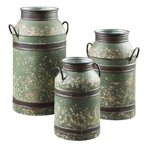 Product Benefits    Dimensions: 16.8"W x 15"D x 28.75”H Color: Brown/Green Metal Set of 3 Ships Directly to Your Local Badcock Store Brown And Green, Milk Cans, Boho Chic Furniture, Table Vases, Boho Chic Decor, White Home Decor, Vase Set, Ashley Furniture, Metal Table