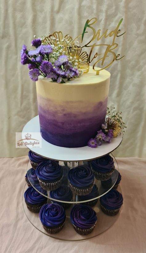 Purple Bridal Shower Cake Ideas, Dark Purple Cake, Purple Bridal Shower Ideas, 15 Cakes, Cupcake Tower Cake, Purple Board, Purple Shower, Tower Cake, Purple Bridal Shower