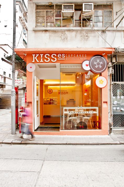 Kisses Cupcakes in NoHo, Hong Kong by Liquid Interiors - bakery facade design, cupcake shop, orange and white, modern fun design Bread Shop Design, Bakery Facade, Cake Shop Design, Men With Beards, Cupcake Shop, Man With A Beard, Shop Facade, Bread Shop, Cupcake Shops