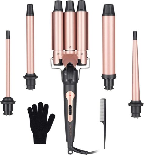 EMOCCI PRO 5 in 1 curling iron set with interchangeable barrels include 1 inch three barrel curling iron ceramic; 3/8 inch small curling iron for short hair; 3/4 inch to 3/8 inch tapered curling wand; long barrel curling iron 3/4 inch barrel; 1.25 inch beach waves curling iron hair crimper for women; 1 hair comb & Curling Iron Glove heat resistant. With wave curling iron of different sizes, you can make different hairstysle like corkscrew curls, beach waves, ringlets. Beach Waver Curling Iron, Waver Curling Iron, Three Barrel Curling Iron, Hair Waver Iron, Beachwaver Curling Iron, Hair Curler Wand, 3 Barrel Curling Iron, Wand Curling Iron, Beach Waver