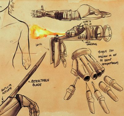 Artificer Prosthetic Arm, Steampunk Dungeons And Dragons, Artificer Inventions Ideas, Dnd Prosthetic Arm Item, Artificer Inventions 5e, Robotic Arm Drawing Concept Art, Dnd Group Names, Steampunk Gadgets Concept Art, Artillerist Artificer Dnd