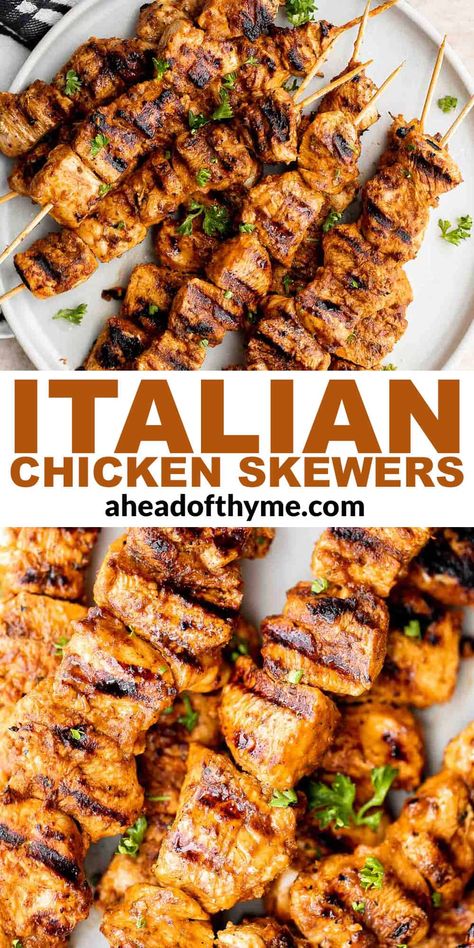 Mini Chicken Kabobs Appetizers, Easy Chicken Skewers Grilled, Chicken Skewer Appetizer Recipes, Italian Chicken Kabobs, Italian Chicken For A Crowd, Best Chicken Skewers, Chicken Skewers On The Grill, Italian Chicken Skewers, Chicken Skewers In The Oven