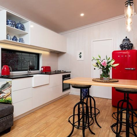 Smeg Red, Smeg Appliances, Appliance Packages, Tiny Homes, Coffee Bar, Corner Desk, Tiny House, Breakfast Bar, Running