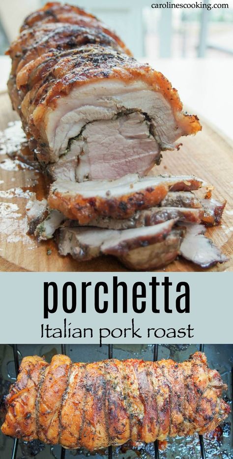 Porchetta is a classic Italian pork roast, great in sandwiches. Left to infuse with herbs, fennel and salt overnight, the flavor is delicious, the fat crisp. So good. Italian Porketta Roast, Pork Belly Italian Recipe, Italian Porchetta Recipe, Christmas Pork Recipes, Porchetta Recipe Italian, Good Healthy Dinner Recipes, Porketta Roast, Italian Pork Tenderloin, Roast Pork Recipes