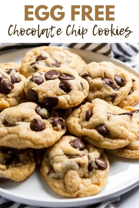 These soft and chewy Eggless Chocolate Chip Cookies will make you say WOW! You won't believe there aren't eggs in this simple and delicious cookie recipe. No need to chill the dough either! #chocolatechipcookies #eggless #eggfree #egglesscookies #egglesschocolatechipcookies Egg Free Chocolate Chip Cookies, Cookies Without Eggs, Baking Substitutions, Egg Free Baking, Egg Free Cookies, Eggless Chocolate Chip Cookies, Eggless Cookies, Desert Ideas, Lemon Bar