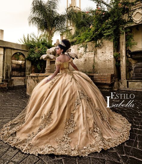 Unique Quinceanera Dresses Sweet 15, Brown 15 Dresses Quinceanera, Quince Gold Dresses, Good Quinceanera Dresses, Xv Dresses Gold, Madrina Dresses Quinceanera, Great Gatsby Quinceanera Dresses, Light Brown Quinceanera Dresses, Gold Xv Dresses