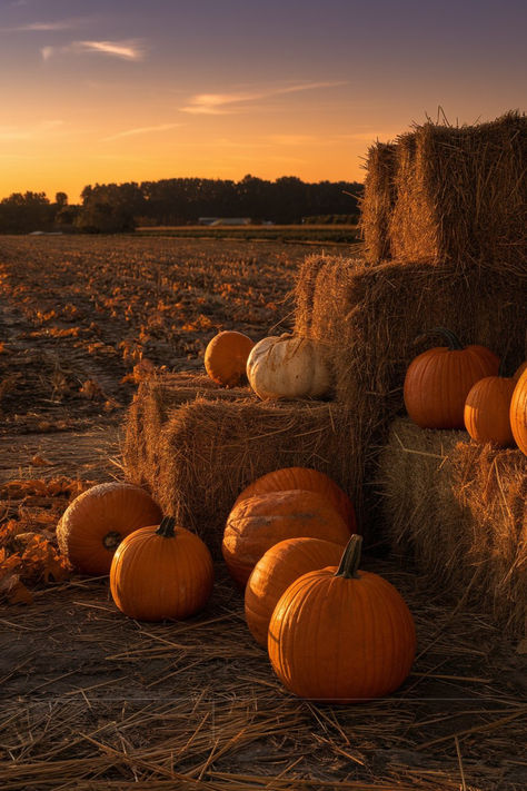 A photo of a farm scene during the golden hour. There are pumpkins and hay bales stacked in a corner. In the background, there is a field ready
for harvest. The sky is orange and purple. The ground is covered with dry leaves. The light casts long shadows. Hay Bale Pumpkin, Fall Hay Bale, Farm Wallpaper, Pumpkin Field, Fall Farm, Dry Leaves, Golden Harvest, The Golden Hour, Hay Bales