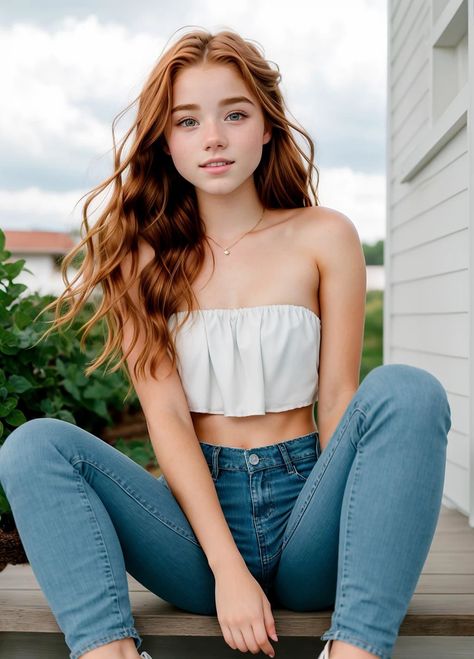 Woman Sitting Legs Open Pose, Hand Resting, Sitting Pose Reference, Blue Distressed Jeans, Long Hair Pictures, Face Swaps, Strapless Crop Top, Sitting Poses, Woman Sitting