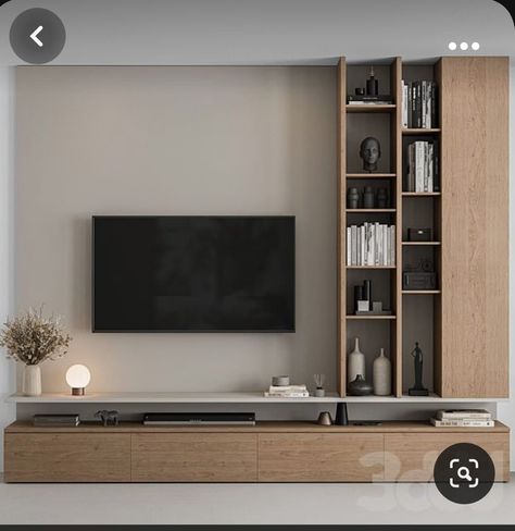 Tv Wall Wood Panels, White And Wood Tv Wall, Wood Wall Tv Ideas, Tv Wall Design With Bookshelves, Wood Bookcases In Living Room, White Wood Tv Unit, Tv Wall Unit Ideas Living Room, Tv Built Into Wall, Tv Wall Design White