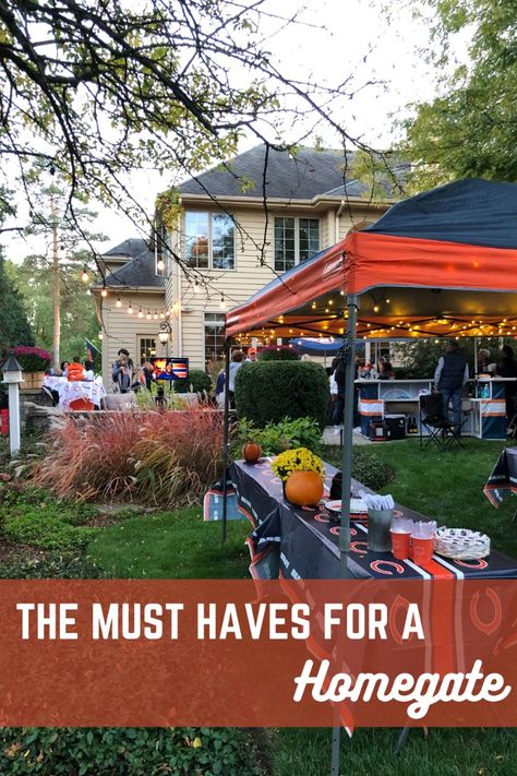 How to throw a tailgate at home this fall when going to the stadium isn't an option! #TailgaterConcierge #Tailgate #Homegate #TailgateIdeas #HomegateIdeas #Tailgateathome #Football #Collegefootball #NFL #Gamewatch #Tailgatefoodideas Football And Fall Decorations, Tailgate Display Ideas, Outdoor Football Watch Party, How To Host A Tailgate Party, 50th Birthday Tailgate Party, Backyard Football Watch Party, At Home Tailgate Party, Christmas Tailgate Party, Tailgate Birthday Party Ideas Kids