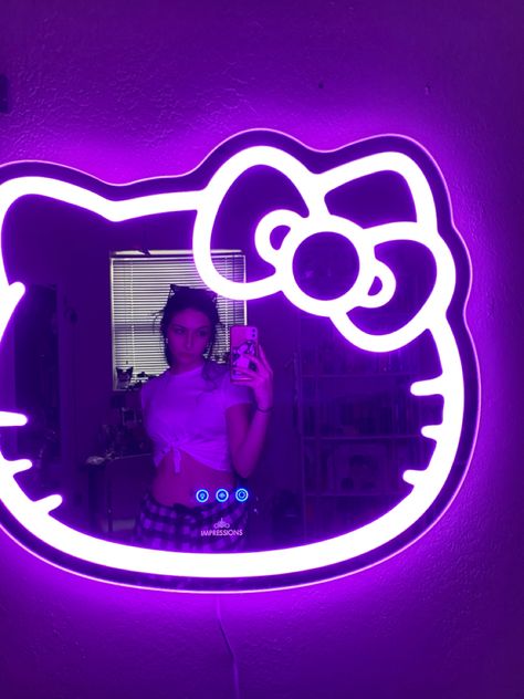 Hello Kitty Vanity Mirror, Hello Kitty Aesthetic Room, Cute Vanity Mirror, Hello Kitty Room Aesthetic, Espejos Aesthetic, Hello Kitty Vanity, Vanity Mirror With Led Lights, Bedroom Led Lights, Neon Mirror