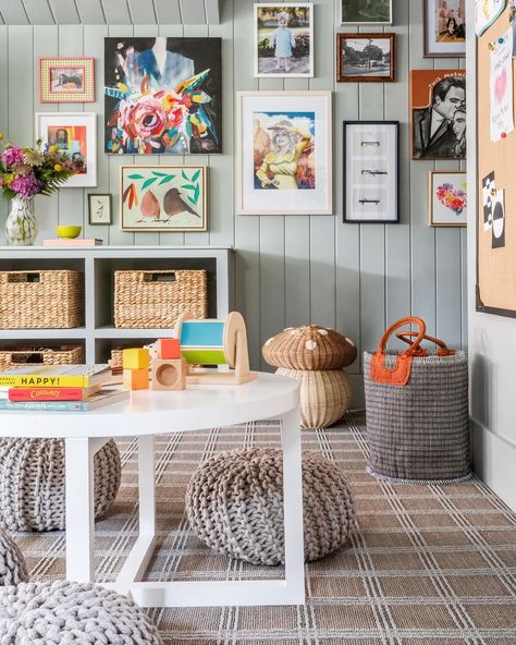 🏠 • Instagram Elementary Age Playroom, Teal Playroom, Eclectic Playroom, Sophisticated Playroom, Retro Playroom, Colorful Playroom Ideas, Playroom Update, Whimsical Playroom, Sunroom Playroom