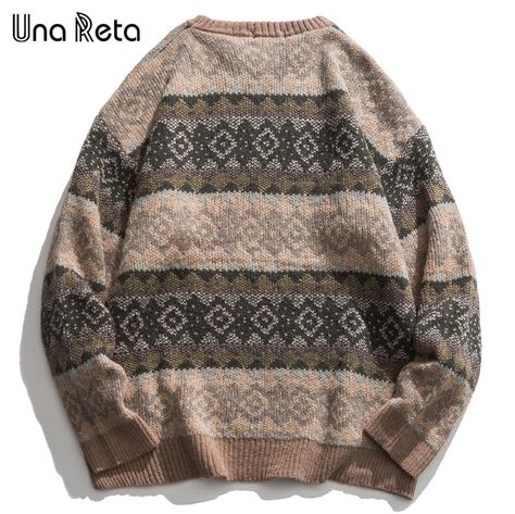 Mens Winter Sweaters, E Girl Clothes, Aesthetic Sweaters, Hip Hop Print, Couples Sweaters, Oversize Pullover, Grandpa Sweater, Men Streetwear, Winter Pullover