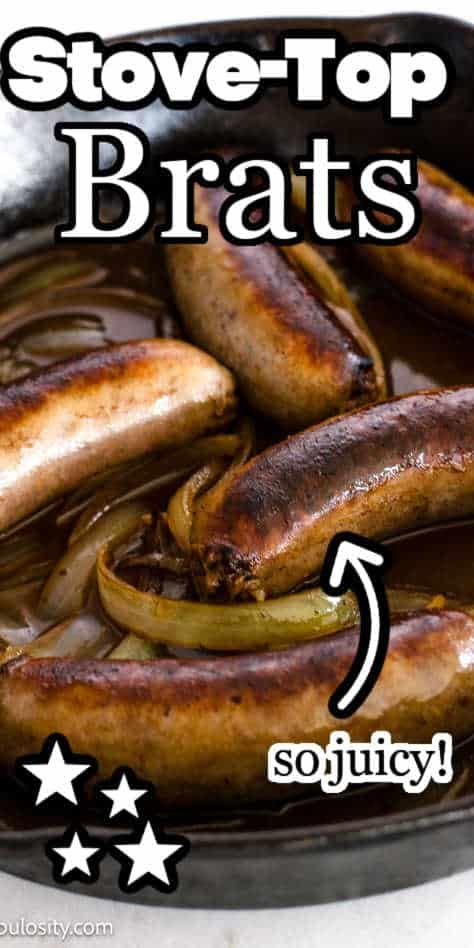 How to cook bratwursts on the stove - it's so easy and they come out so juicy and perfectly cooked! The onions are sautéed in butter and they add so much flavor! Cooking Brats On Stove, Brats On The Stove, Cooking Brats, How To Cook Bratwurst, Brat Sausage, How To Cook Brats, Grilled Brats, Brats Recipes, Bratwurst Recipes