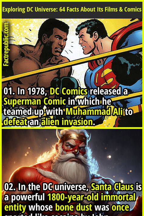 01. In 1978, DC Comics released a Superman Comic in which he teamed up with Muhammad Ali to defeat an alien invasion. Superman Facts, Christopher Reeve Superman, Movie Trivia, Fact Republic, Superman Comic, Christopher Reeve, Alien Invasion, Movie Facts, Random Facts