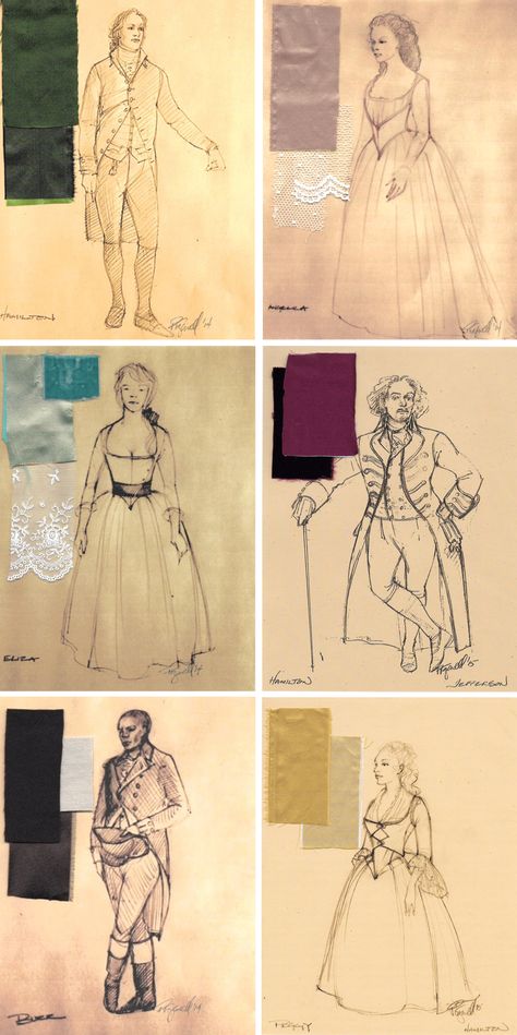 Costume renderings for 'Hamilton' by the costume designer Paul Tazewell. Costume Renderings Sketches, Hamilton Costume Design, Paul Tazewell Costumes, Theatre Costumes Sketches, Costume Design Theatre Aesthetic, Costume Sketches Theatre, Broadway Costume Design, Theater Costume Designer Aesthetic, Costume Sketches Design