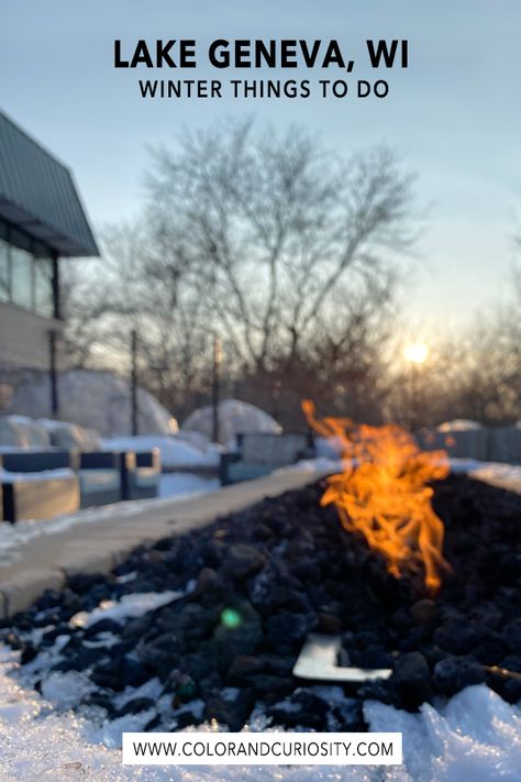 Fire pit feature at the Ridge Hotel Lake Geneva with igloo structures in the background