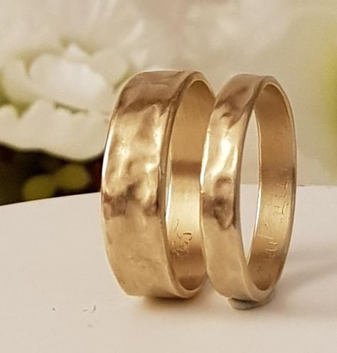 wedding bands his and hers Handmade solid 14k gold faceted bands set.RMG0265-Metal 14K gold-Weight 4.5grWidth ,6.3mmThickness 1mmRMG0432-Metal 14K-Weight 3.4gr,Width-4.2mm,Thickness-1.2mm,-CUSTOMIZATIONI can make the rings in any width and gold type (yellow, white or rose) the images can be used as a reference.