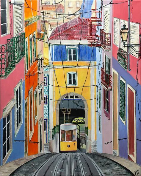 Abstract Art Buildings, Lisbon Color Palette, Acrylic Painting Buildings, Lisboa Painting, Lisbon Painting, Portuguese Buildings, Lisbon Illustration, Portugal Painting, Lisbon Poster