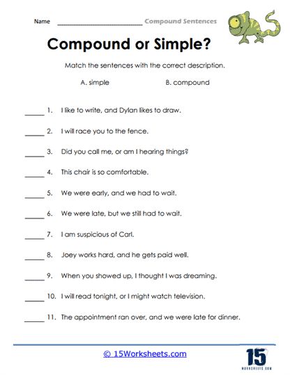 Compound Sentences #1 Worksheet - 15 Worksheets.com Simple Compound Sentences, Simple And Compound Sentences Worksheets, Compound Sentences Worksheets, Sentences Worksheet, Simple Sentences Worksheet, Compound Subject, Complex Sentences Worksheets, Back To School Images, Simple And Compound Sentences