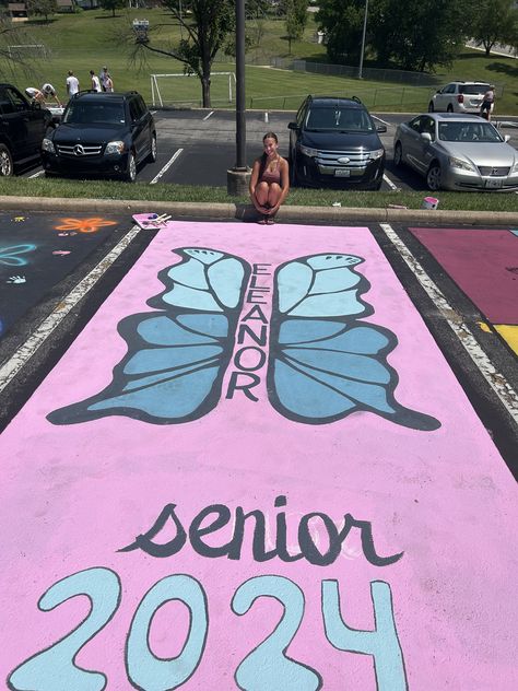 Senior Parking Space Ideas Butterfly, Painted Parking Spots Taylor Swift, Butterfly Senior Parking Spot, Butterfly Parking Spot, Butterfly Parking Spot Painting, Cute Parking Spot Painting Ideas, Painted Parking Spots Senior, Painted Parking Spaces Ideas, Senior Spots