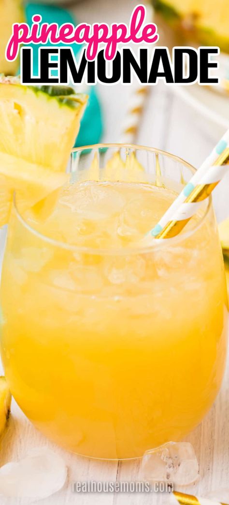 Refreshing Pineapple Lemonade is a sweet & tangy twist on everyone's favorite summertime thirst quencher! Make a double batch, it'll go fast! Lemonade Slushie Recipe, Pineapple Lemonade Punch, Pineapple Lemonade Recipe, Lemonade Slushies, Cold Drinks Recipes, Flavored Lemonade, Frozen Drink Recipes, Lemonade Punch, Mango Lemonade