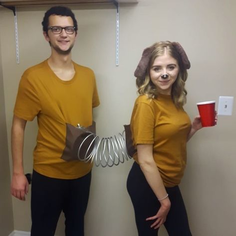 Couples Costumes Toy Story, Couple With Dog Costume Ideas, Disney Couple Costumes Easy, Diy Slinky Dog Costume For Adults, Couple Halloween With Dog, Slinky Dog Costume Diy Couples, Slinky Dog Costume Diy, Slinky Dog Costume, Couple Character Costumes