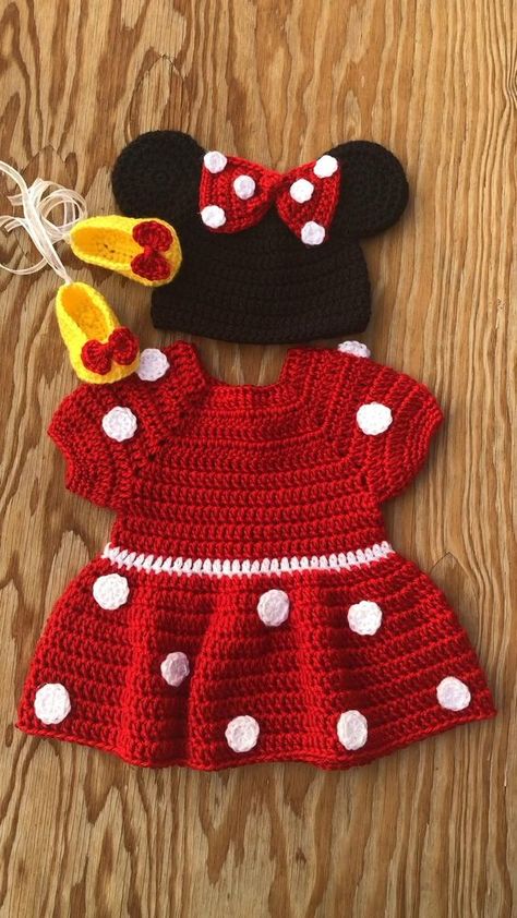 Crochet Girls Dress Pattern, Crochet Newborn Outfits, Crochet Baby Photo Prop, Crochet Baby Costumes, Newborn Baby Dresses, Crochet Costumes, Baby Kostüm, Baby Cardigan Pattern, Minnie Mouse Outfits