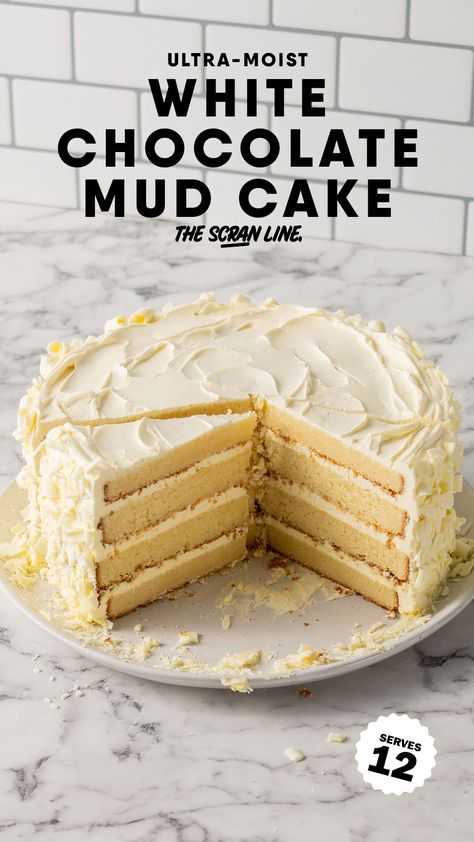 White Chocolate Mud Cake White Mud Cake, White Chocolate Fudge Cake, White Chocolate Mud Cake Recipe, Peter Paul Mound Cake Recipe, White Chocolate Cake Decoration, Chocolate Cake With White Frosting, White Chocolate Layer Cake, White Chocolate Cake Recipe, Mud Cakes