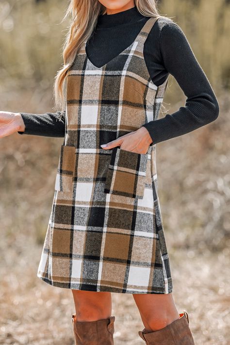 Cute Plaid Dress, Plaid Clothes Womens Fashion, Everyday Dresses Casual Winter, Flannel Over Dress, Plaid Dress Outfit Fall, Easy Clothing Patterns, Casual Dresses For Fall, Fall Plaid Dress, Overall Dress Outfit