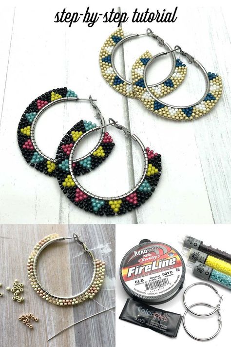 Beading Inside A Hoop Tutorial, Hoop Fringe Earrings Diy, How To Brick Stitch Earrings, How To Make Seed Bead Hoop Earrings, Seed Bead Hoop Earrings Patterns, Brickstitch Earrings Tutorial, Brick Stitch Hoop Earrings Tutorial, Ladder Stitch Hoop Earrings, Seed Bead Hoop Earrings Diy