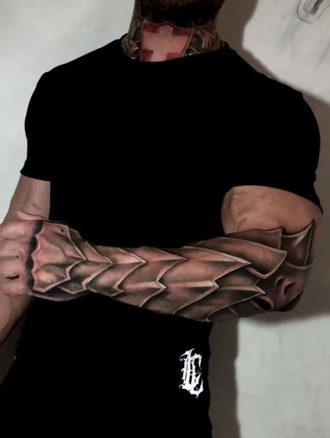 Gauntlet Tattoo Forearm, Arm Armor Tattoo, Chan Tattoo, Armor Sleeve Tattoo, Armour Tattoo, Body Armor Tattoo, Mens Body Tattoos, Wing Tattoo Men, Indian Feather Tattoos