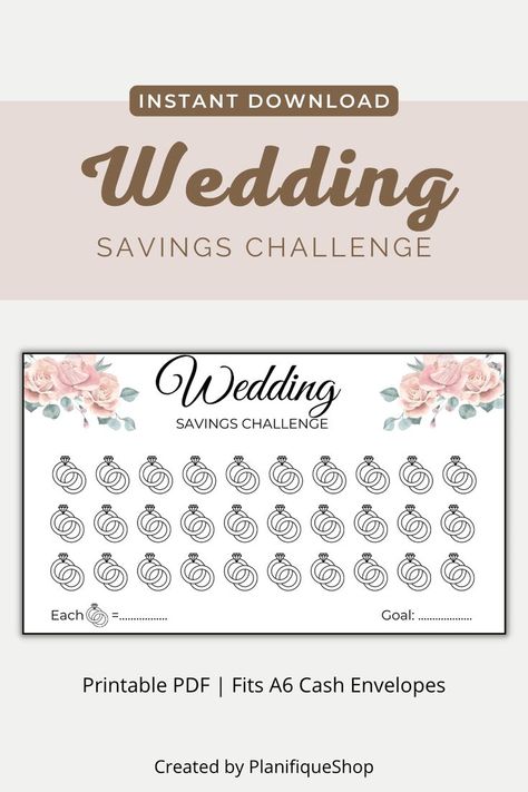 Printable Wedding savings tracker to save for your dream event. Cash Binder, 52 Week Money Challenge, Mini Savings Challenge, Saving Coins, 52 Week Savings Challenge, 52 Week Savings, Savings Challenge Printable, Money Plan, Christmas Savings