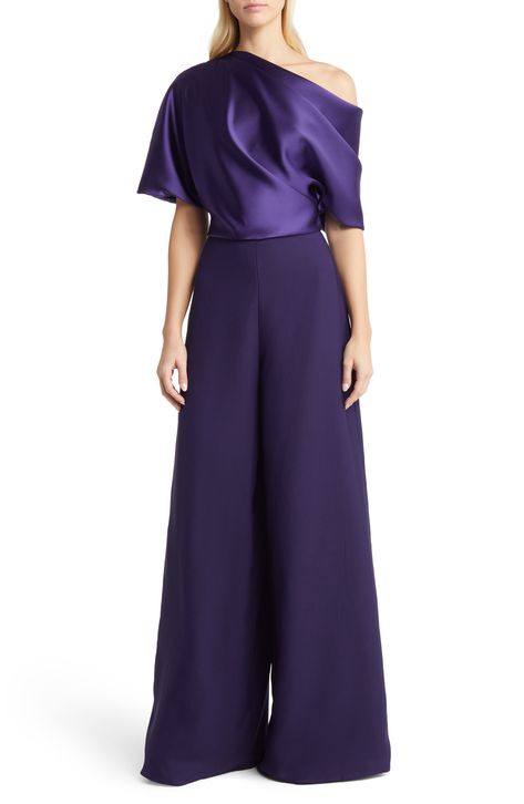 Amsale One-Shoulder Wide Leg Jumpsuit available at #Nordstrom Satin Jumpsuit Outfit, Drape Jumpsuit, Draped Jumpsuit, Jumpsuit One Shoulder, Purple Jumpsuit, Satin Jumpsuit, Jumpsuit Outfit, Elbow Length Sleeve, Wide Leg Jumpsuit