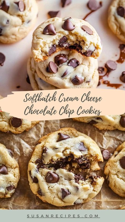 These Softbatch Cream Cheese Chocolate Chip Cookies are a game-changer—rich, soft, and full of gooey chocolate in every bite! 🍪🍫 #CookieGameChanger #ChocolateChipLovers #BakedWithLove #SoftAndChewy #CookieMagic #BakingJoy #SweetDelight #CreamCheeseGoodness #MouthwateringTreats #DeliciousDesserts Chocolate Chip Cookies Cream Of Tartar, Cream Cheese Choc Chip Cookies, Soft Batch Cream Cheese Chocolate Chip Cookies, Soft Batch Cream Cheese Chocolate Chip, Cream Cheese Peanut Butter Cookies, Sour Cream Chocolate Chip Cookies, Chocolate Chip Cookies With Cream Cheese, Chocolate Chip Cream Cheese Cookies, Chocolate Chip Cheesecake Cookies