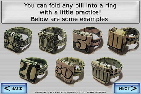 Money Rings, Folding Money, Dollar Origami, Dollar Bill Origami, Creative Money Gifts, Book Origami, Money Origami, Show Me The Money, Cash Gift