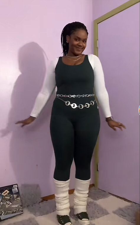 #legwarmers #blackgirl #midsize #curvy #bodysuit #greenandwhite #unitard #waistbelt Plus Size Ice Skating Outfit, Full Body Suit Outfits, Full Bodysuit Outfit, 80s Fitness, Leg Warmers Outfit, Ice Skating Outfit, Suit Pin, Body Suits, Full Body Suit