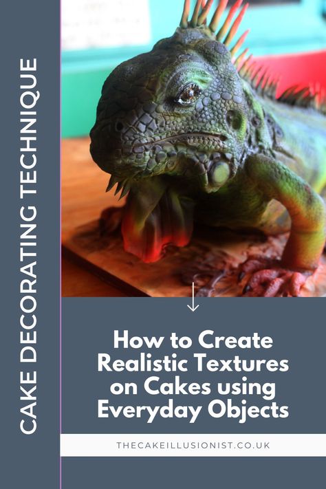 Learn how create texture on fondant to look like dragon skin or crocodile skin, or how to create realistic looking fur textures on cakes! This guide from The Cake Illusionist will show you how to create realistic looking textures for your cakes using everyday household objects such as sponges, straws and netting. Take your cake sculptures to the next level by adding amazing detail and texture using things you have lying around at home! Read more now. Cake Sculptures, Wolf Cake, Tiger Cake, Cake Structure, Realistic Dragon, Sculpting Tutorials, Texture Tools, Cake Decorating For Beginners, Household Objects