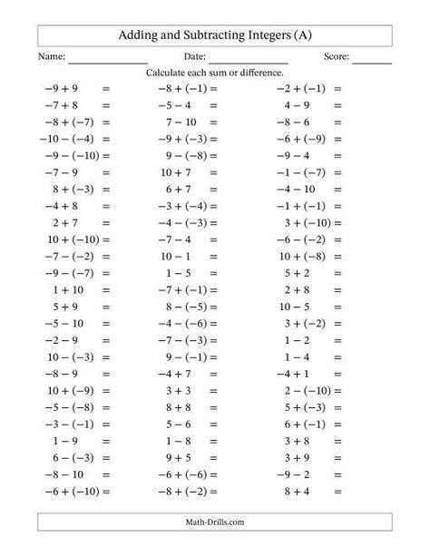 The Adding and Subtracting Mixed Integers from -10 to 10 (75 Questions) (A) Math Worksheet Adding Subtracting Integers, Subtracting Worksheets, Add And Subtract Integers, Adding Integers Worksheet, Capital Cursive, Subtracting Integers Worksheet, Maths Questions, Math Worksheets For Kids, Math Study Guide