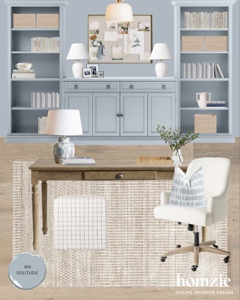 Grandmillenial Office Style, Coastal Den Ideas, Light Blue Office Design, Coastal Farmhouse Home Office, Home Office Coastal Style, Coastal Home Library, California Coastal Office, Coastal Work Space, Coastal Library Room