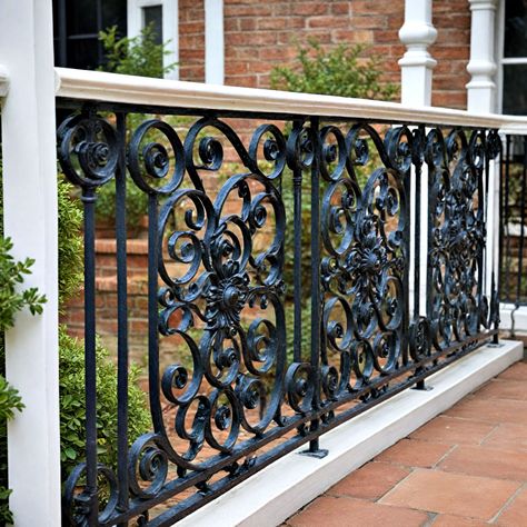 40 Porch Railing Ideas to Transform Outdoor Spaces Front Porch Railing Ideas Wrought Iron, Decorative Porch Railing, Front Porch Iron Railing, Iron Porch Railing Ideas, Porch Banister, Rod Iron Railing, Front Porch Railing Ideas, Porch Railing Ideas, Wrought Iron Railing Exterior