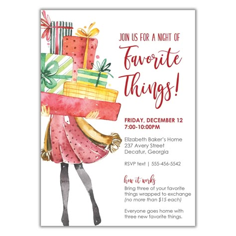 Favorite Things Party Invitation, Favorites Party, Wine Boutique, Favorite Things Party, Holiday Party Themes, Christmas Party Themes, Christmas Invitation, Gift Making, Mobile Boutique