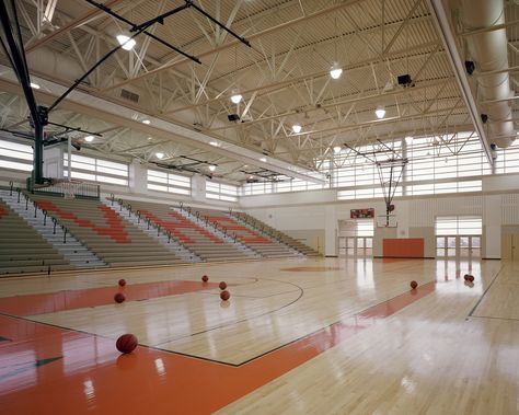 An athletic wing addition including gymnasium was built & other building renovations entailed modernization of mechanical, electrical, and data systems as well as the infusion of multiple sustainable strategies. [KCBA Architects] Modern School Aesthetic, Gymnasium Aesthetic, Aesthetic School Building, School Gym Aesthetic, School Gymnasium Aesthetic, Gymnasium Interior Design, Gymnasium School, Modern School Building, High School Gymnasium