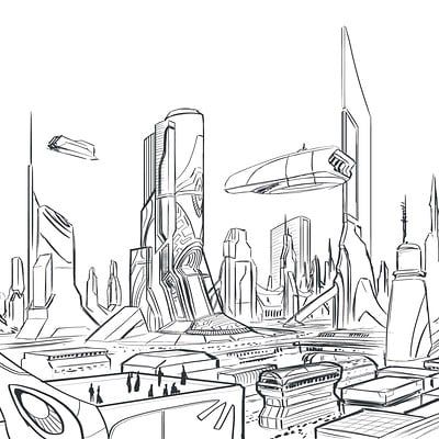 ArtStation - City Sketch Perspective Art Reference City, Favourite Machines Drawing, Sci Fi City Drawing, Cyberpunk City Drawing Sketch, Future Drawing City, Sketches Of Cities, Futuristic City Sketch, Dystopian City Drawing, Futuristic Building Drawing