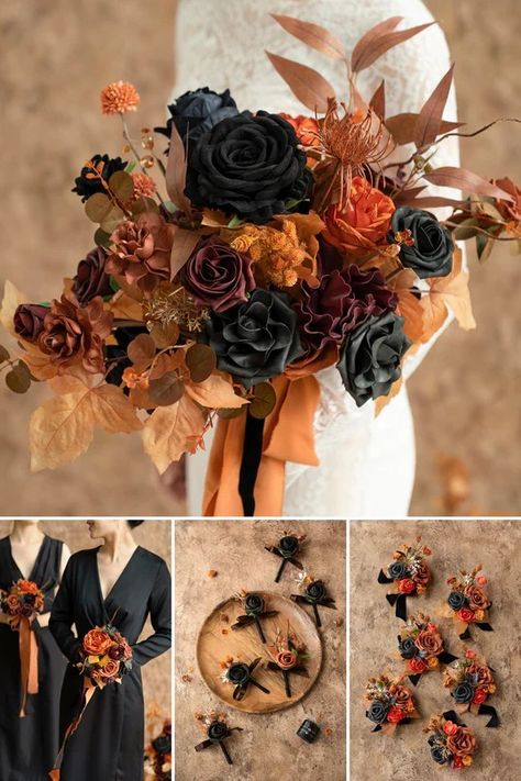 Orange Bridal Flowers, Halloween Theme Wedding, Black Boutonniere, Dark Romantic Wedding, Gothic Wedding Theme, Dark Wedding Theme, Orange Wedding Flowers, Burnt Orange Weddings, Halloween Themed Wedding