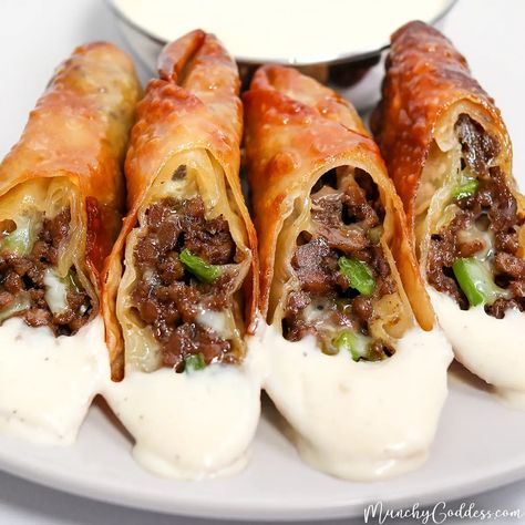 Air Fryer Philly Cheesesteak, Egg Roll Dipping Sauce, Egg Roll Sauce, Philly Cheesesteak Egg Rolls, Shrimp Egg Rolls, Chicken Cheesesteak, Philly Steak, Fried Broccoli, Eggs In Peppers