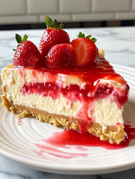 Lemon Strawberry Swirl Cheesecake 🍓  𝗜𝗻𝗴𝗿𝗲𝗱𝗶𝗲𝗻𝘁𝘀 🍓 - 2 cups graham cracker crumbs - 1/2 cup melted butter - 3 (8 oz) packages cream cheese, softened - 1 cup sugar - 1 teaspoon lemon zest - 3 large eggs - 1 cup sour cream - 1/2 cup heavy cream - 1/4 cup lemon juice - 1 cup fresh strawberries, hulled and sliced - 1/4 cup strawberry jam Strawberry Swirl Cheesecake, Cheesecake Ingredients, Swirl Cheesecake, Simple Family Meals, Food O, Birthday Food, Food Goals, Strawberry Cheesecake, Strawberry Jam