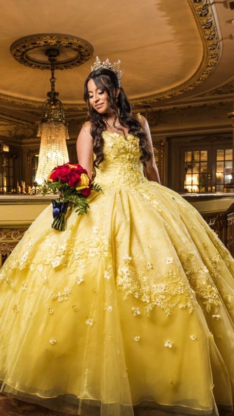 With these stunning quince dresses, you'll feel like a Mexican princess for your Quinceanera. You can get the ideal look for your wedding day with more than 40+ different styles to pick from. We have everything, whether you're looking for a traditional ball gown, a contemporary take on conventional designs, or something altogether original. Beauty And The Beast Quinceanera Dress, Yellow Quince, Beauty And The Beast Quince, Cotillion Dresses, Beauty And Beast Wedding, Belle Dresses, Quinceanera Themes Dresses, Vintage Ball Gowns, Pretty Quinceanera Dresses