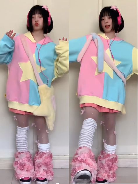 Aesthetic Harajuku Outfit, Decora Style Clothes, Pastel Rainbow Clothes, Pastel Clowncore Outfit, Hyperpop Clothes, Cute Kidcore Outfits, Little Outfits Space, Candycore Outfits, Fairykei Outfit